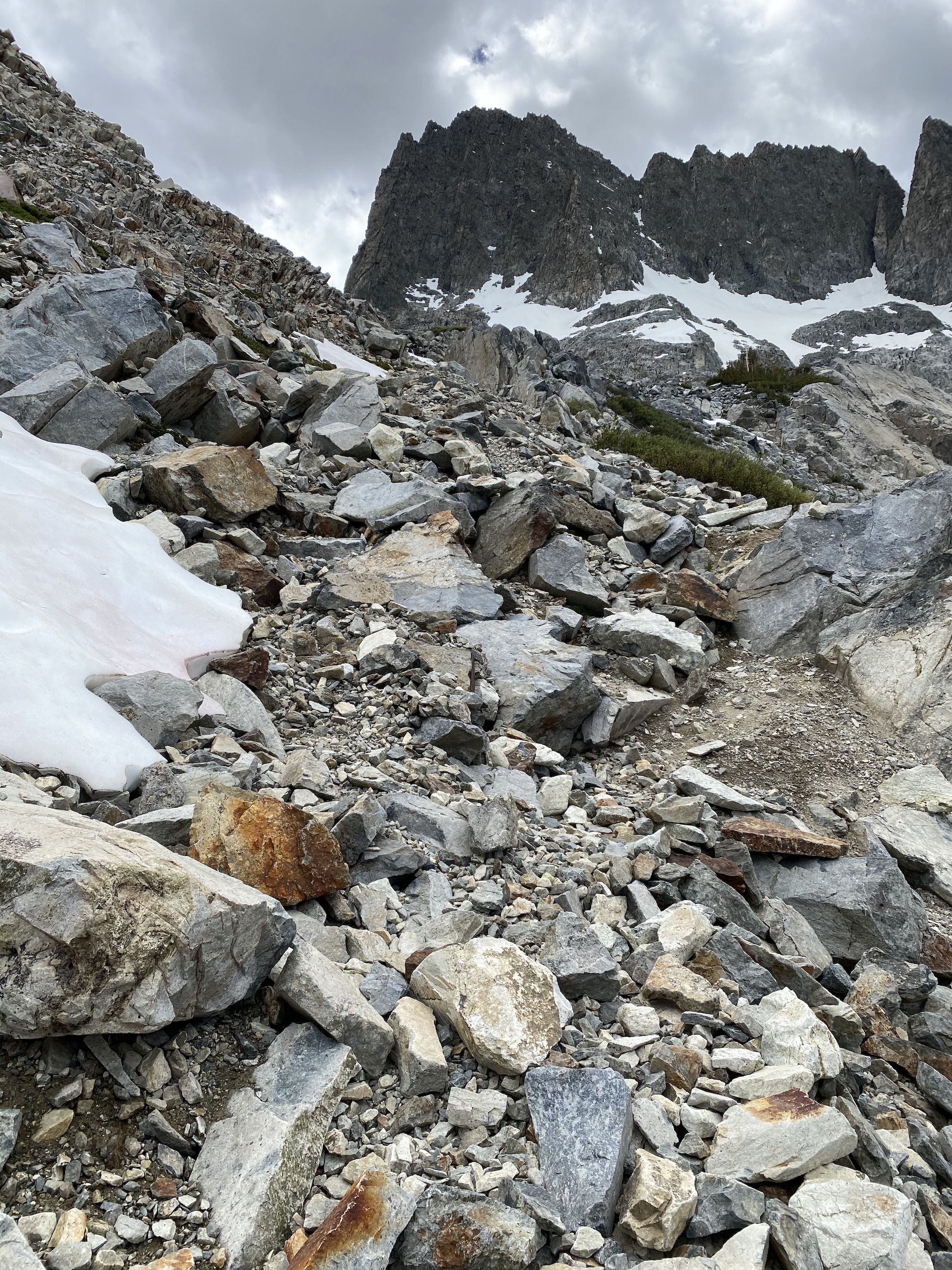 Loose rocks ranging from the size of a fist to a fridge