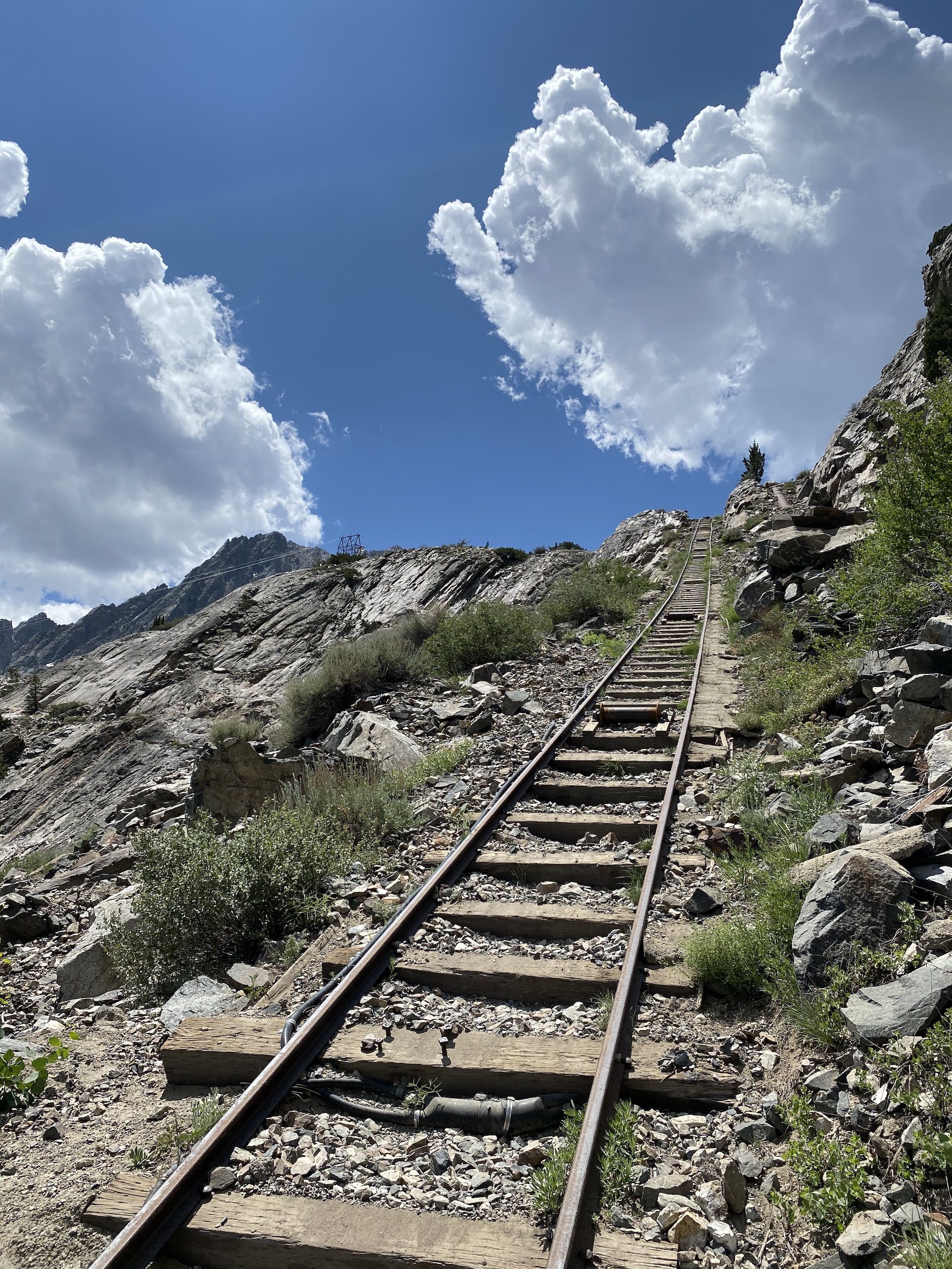 Railroad tracks up a steep hill