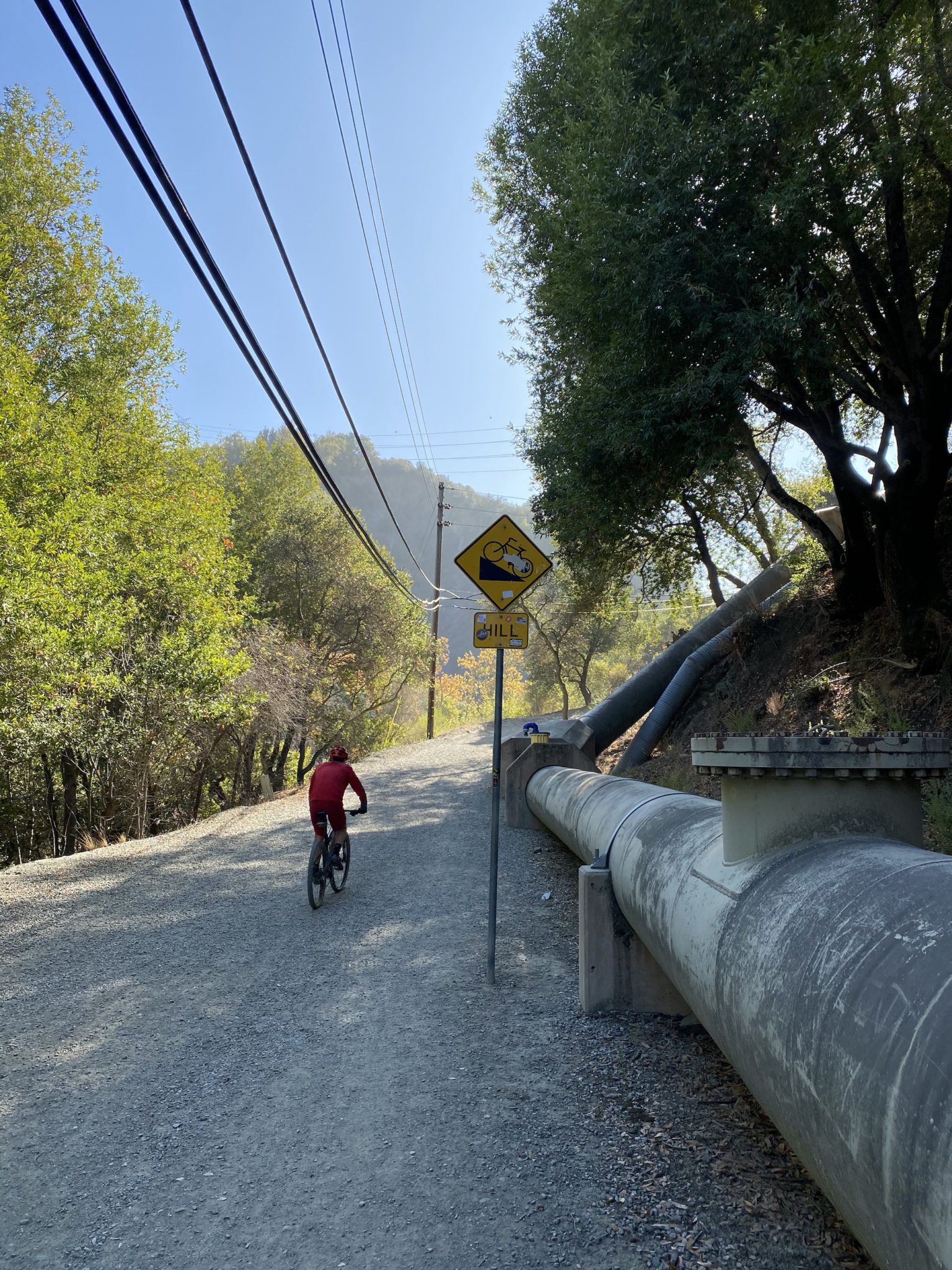 A man riding a bike next to a "hill" warning sign. 