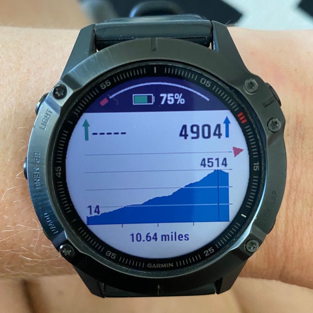 Garmin Fenix 6 showing elevation profile and direction arrow in course navigation mode