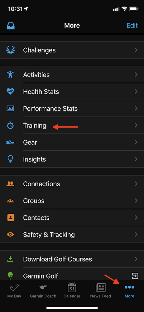 Select Training under the more menu to access courses in Garmin Connect on iOS