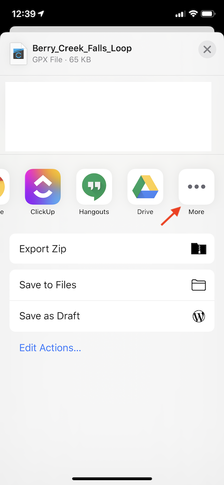 Select more apps to export a GPX file to Garmin Connect