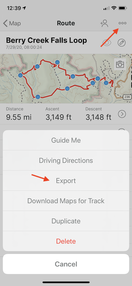Exporting a GPX file from Gaia GPS to Garmin connect on iPhone: Select menu, then export and GPX.