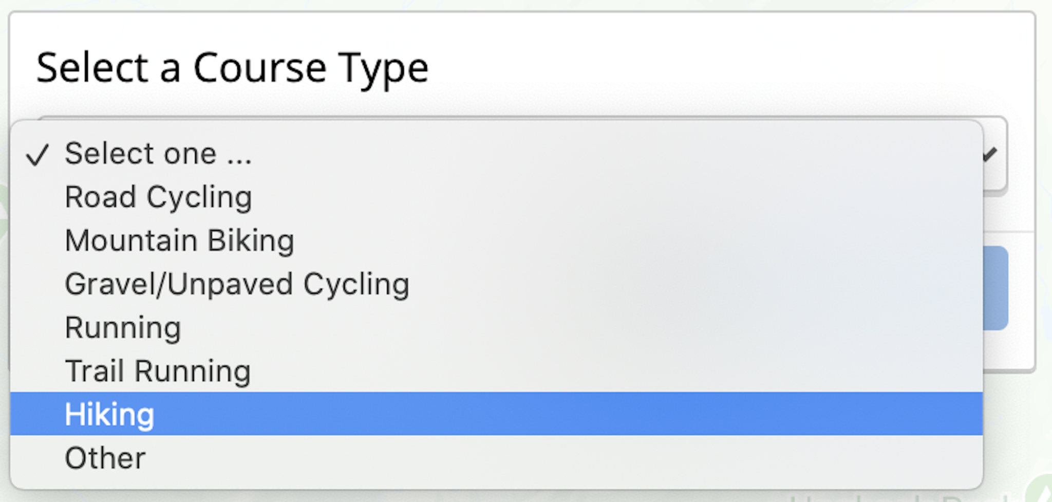 Select the course type for your activity