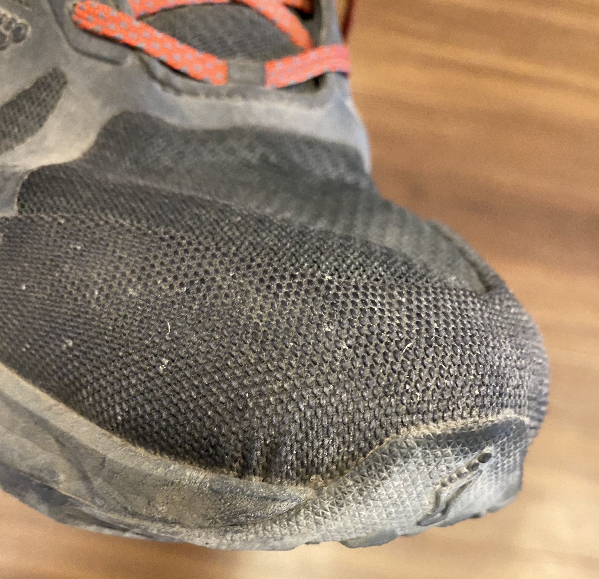 The Inov-8 kevlar-reinforced toe guard is still intact after 100 miles