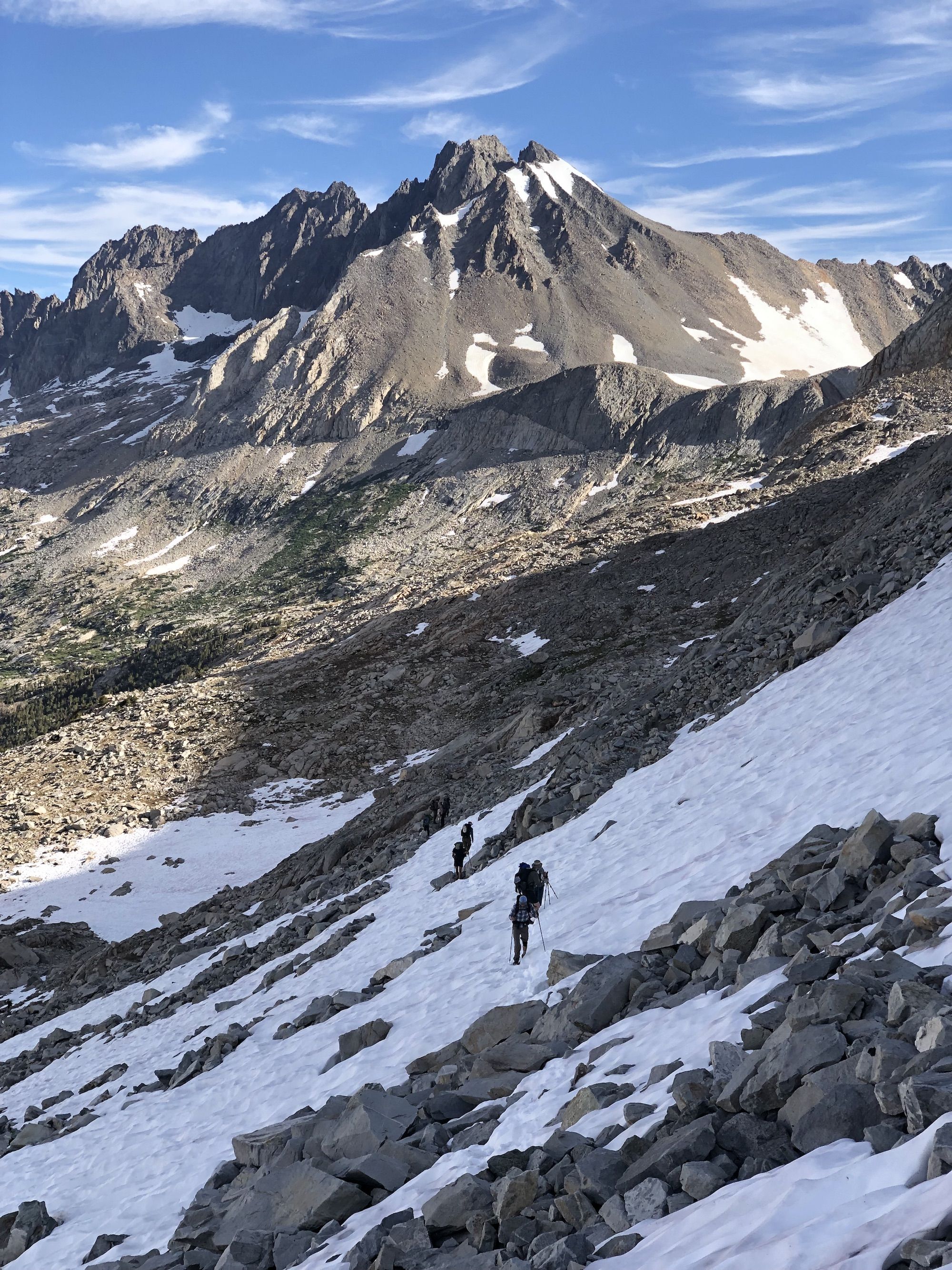 A line of hikers crossing a snowfield between rocks.