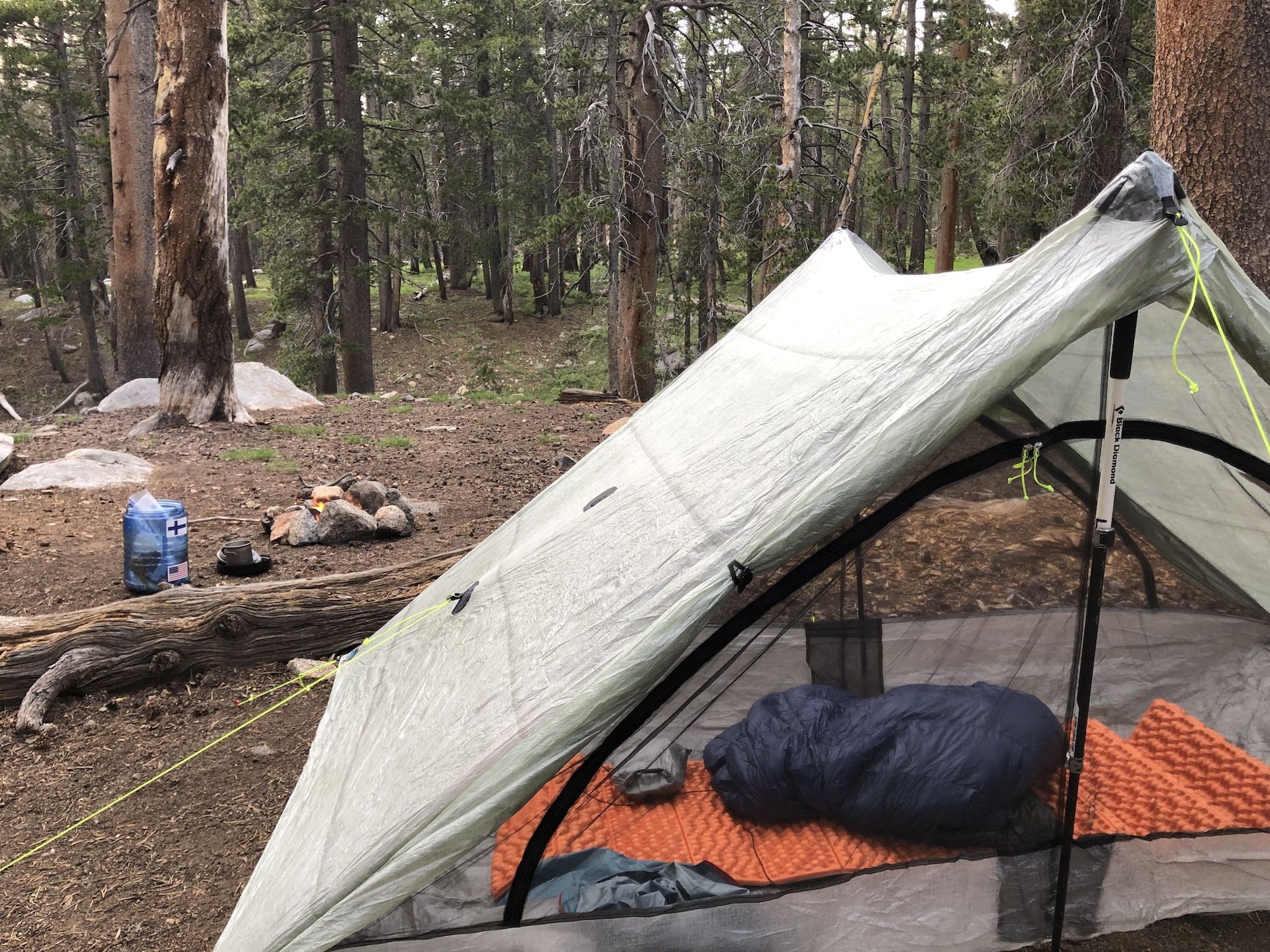 Ultralight tent set up in a forest along the JMT