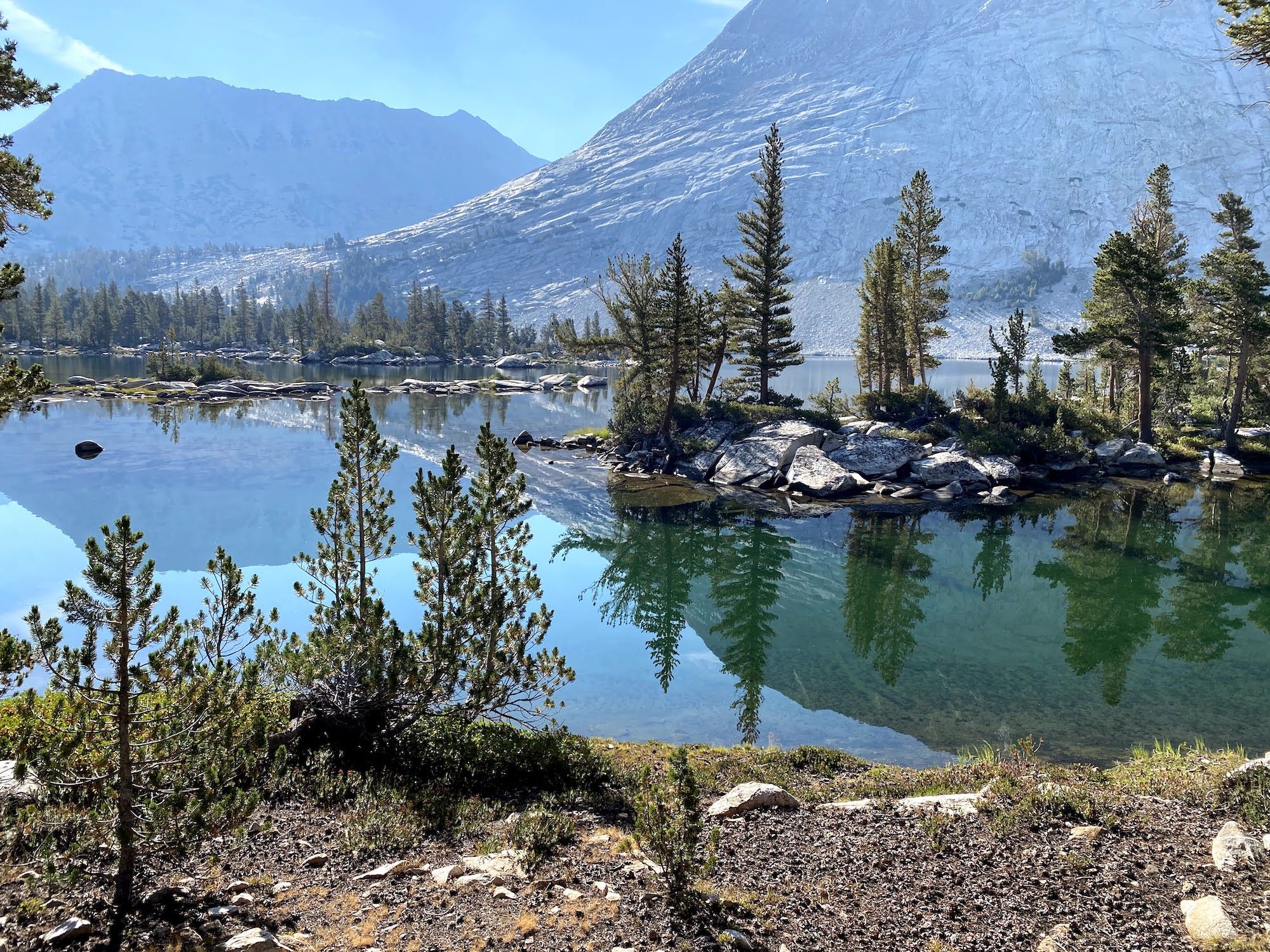 A rocky island with pine trees in a lake.