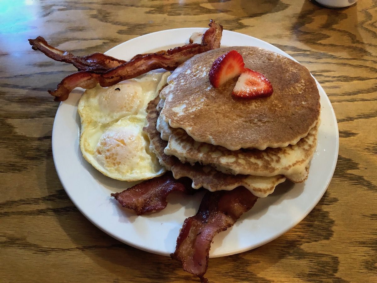 Pancakes, bacon, and eggs.