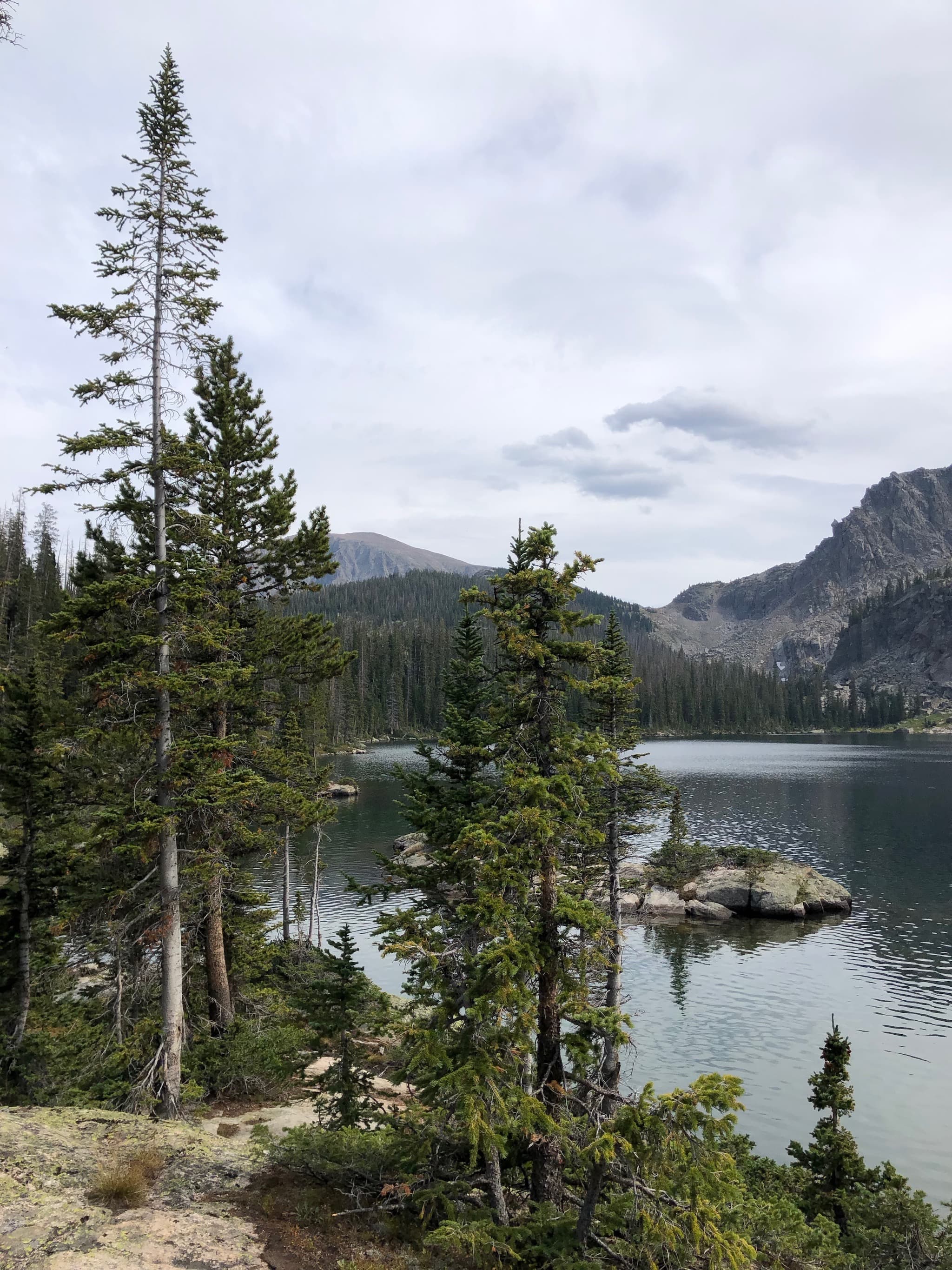 A lake with a small island and trees on the shore.