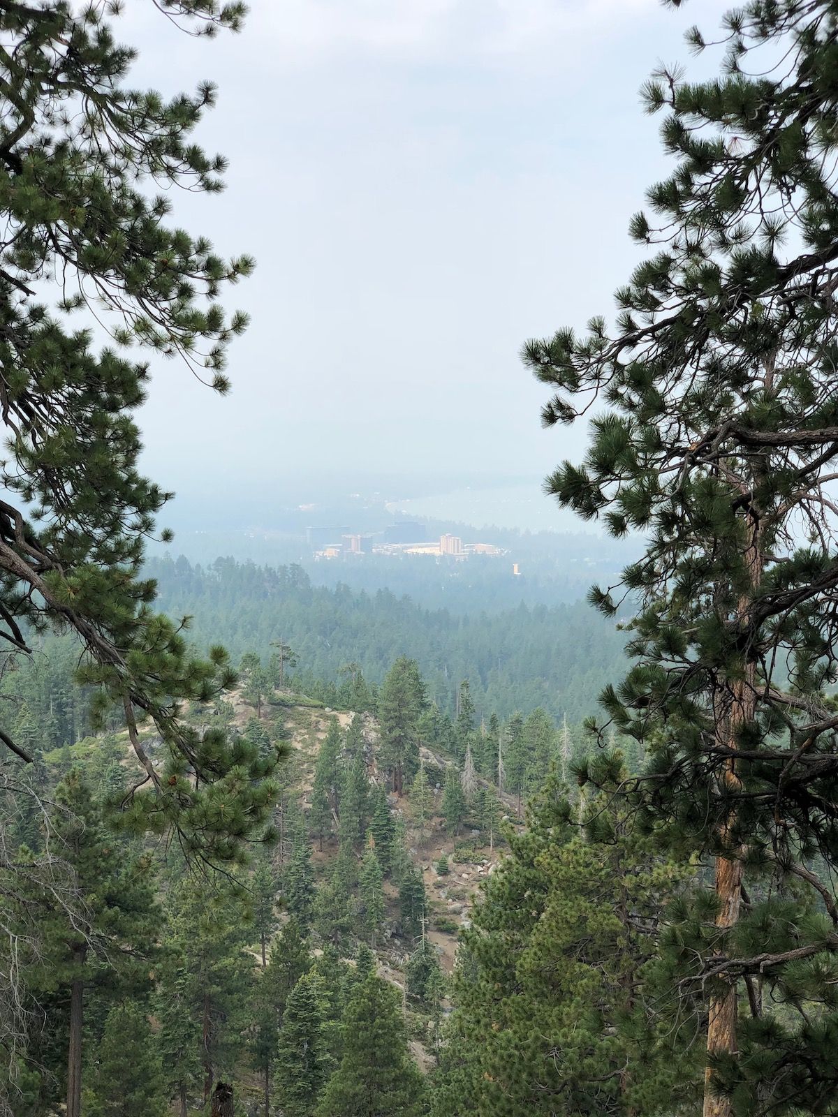 A smoky view of Stateline and South Lake Tahoe.