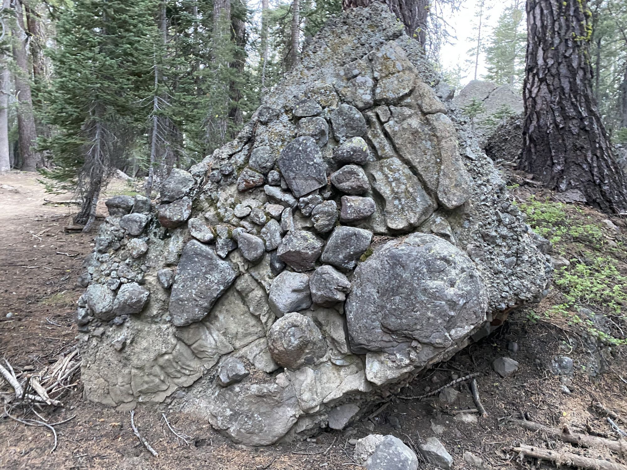 A rock with several smaller rocks stuck to the outside