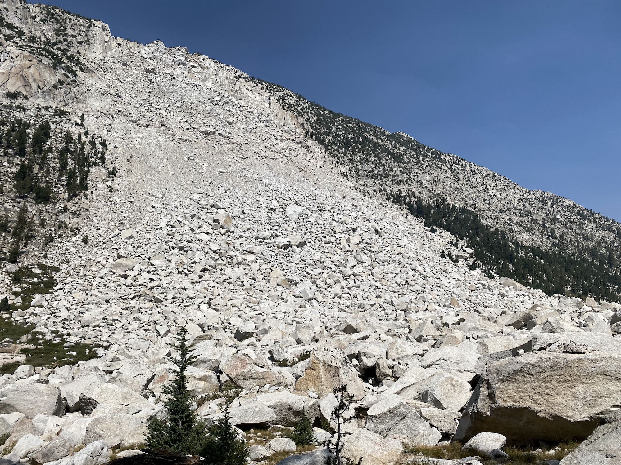 A large rockslide with rocks as large as cars.