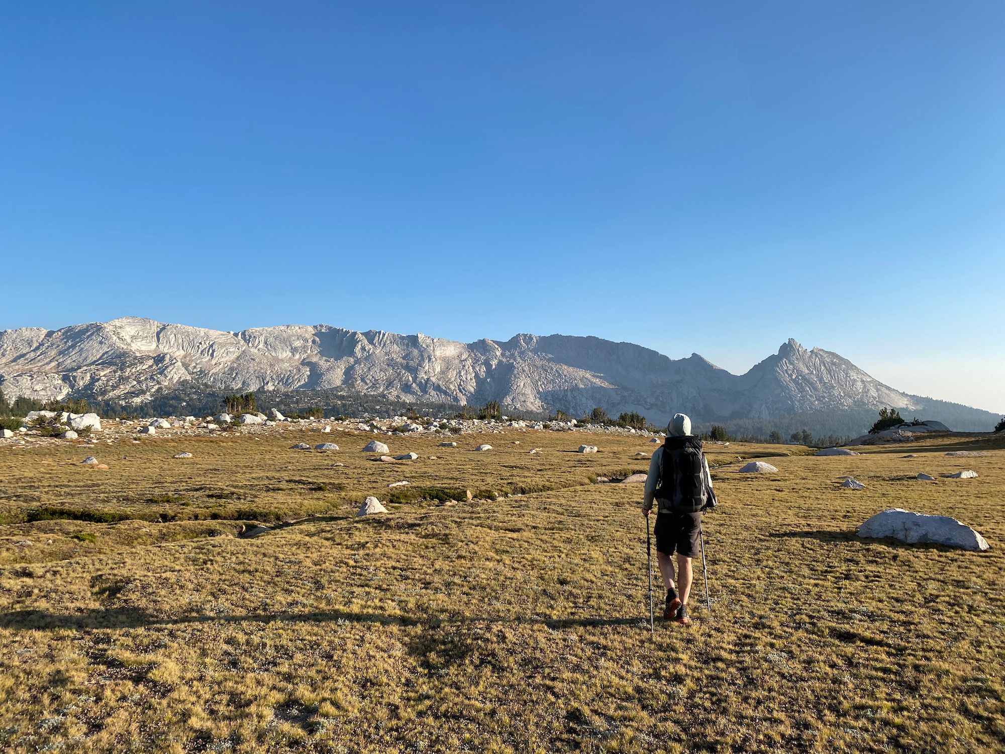A backpacker walking through a large open meadow with a jagged mountain range in the distance.